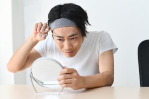 眉カットをする男性